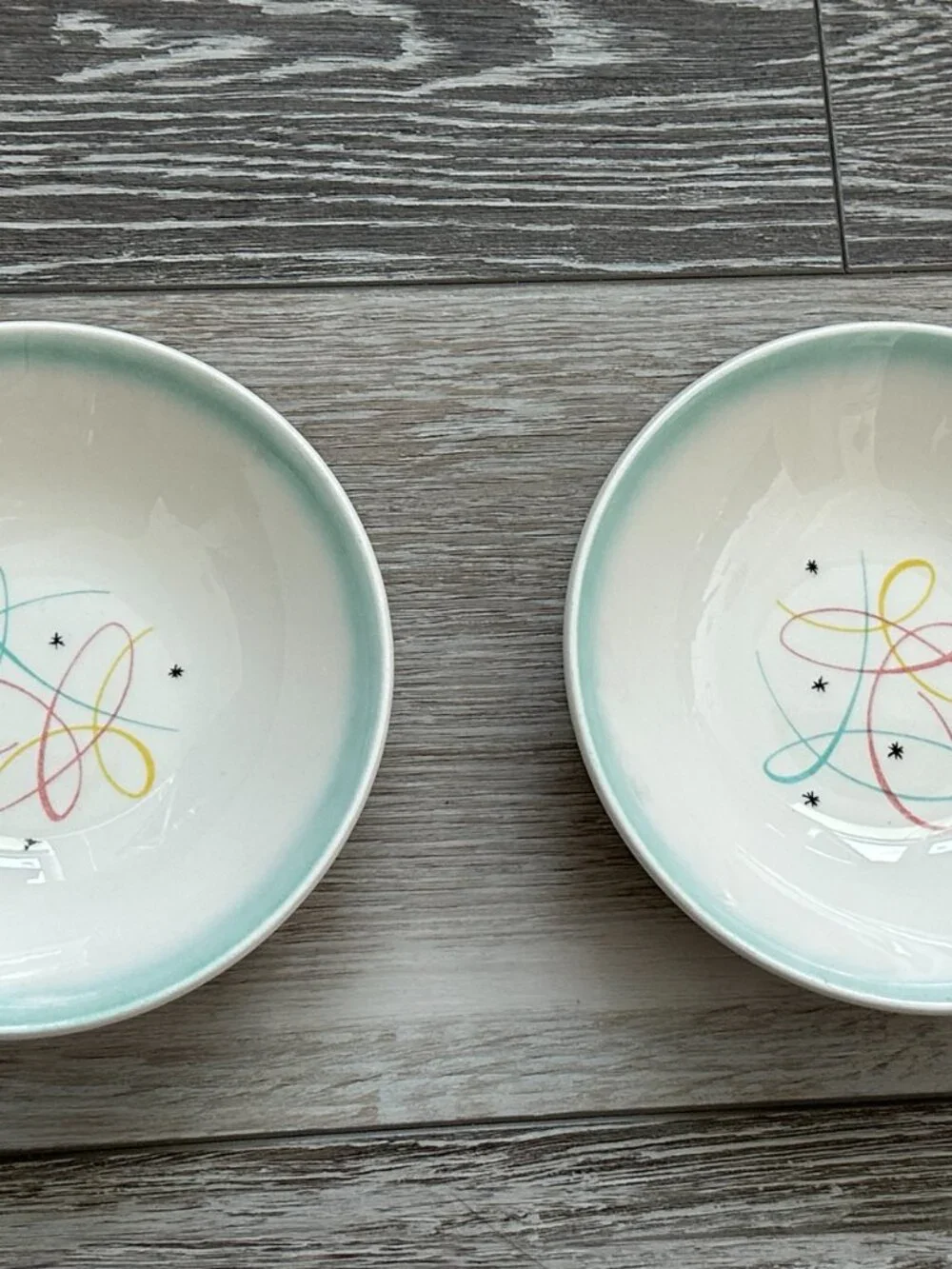 Vintage Atomic Starburst MCM Bowls w Turquoise Rim Snacks Cereal W.S. George (?)